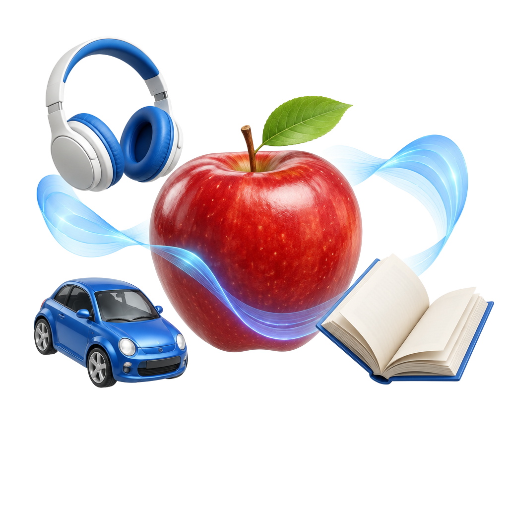 A glossy red apple surrounded by headphones, a toy car, an open book and sound waves