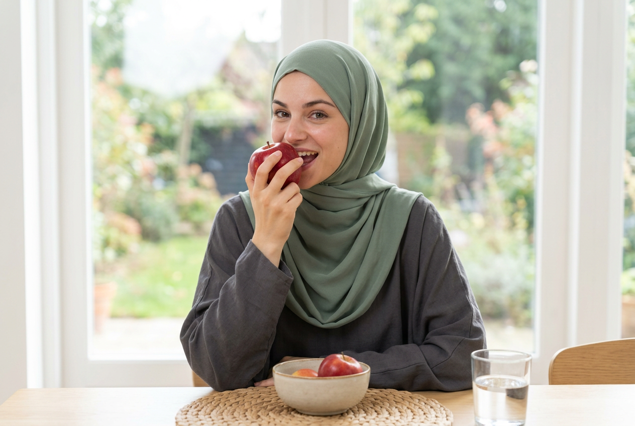 The learner in a sage hijab eating a red apple at a kitchen table