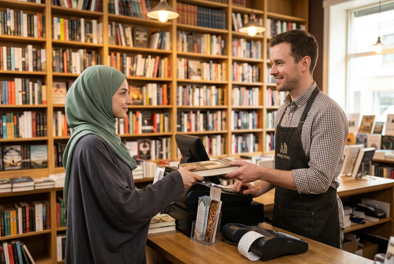 The learner in a sage hijab buying a book from a bookstore cashier