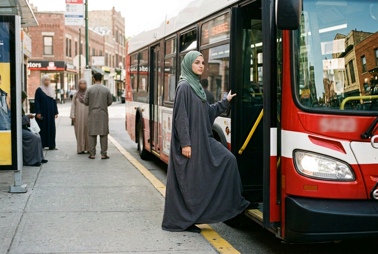 The learner in a sage hijab stepping onto a city bus