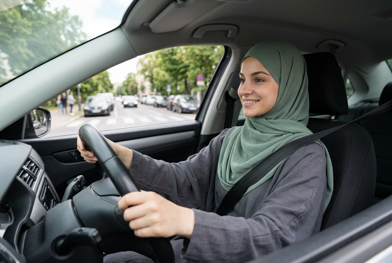The learner in a sage hijab driving a car on a city street