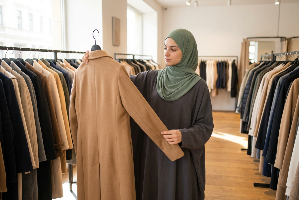 The learner in a sage hijab choosing a camel coat in a clothing store