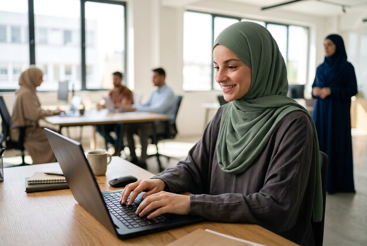 The learner in a sage hijab working on a laptop computer in an office