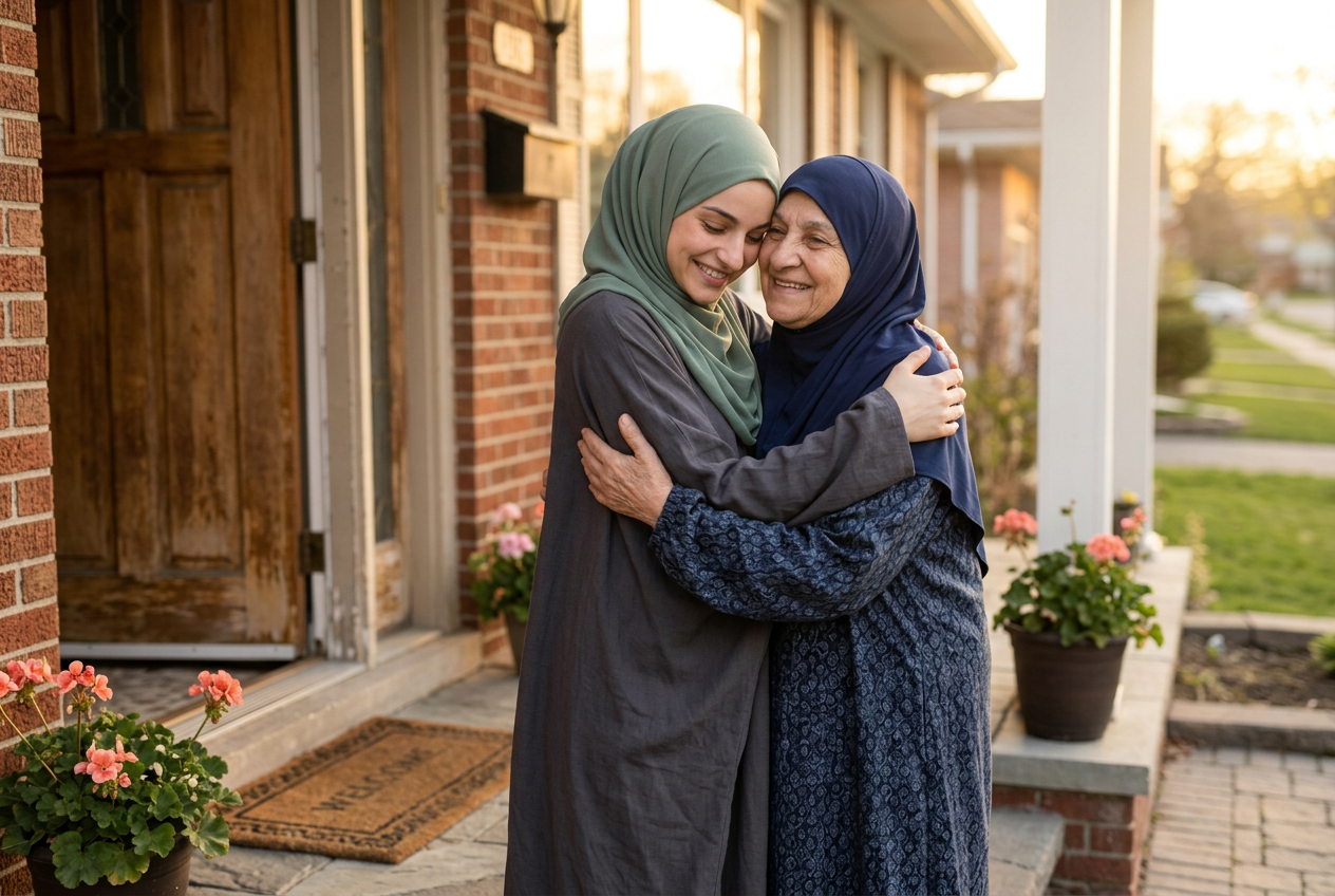 The learner hugging her mother, who wears a navy hijab, at the front door