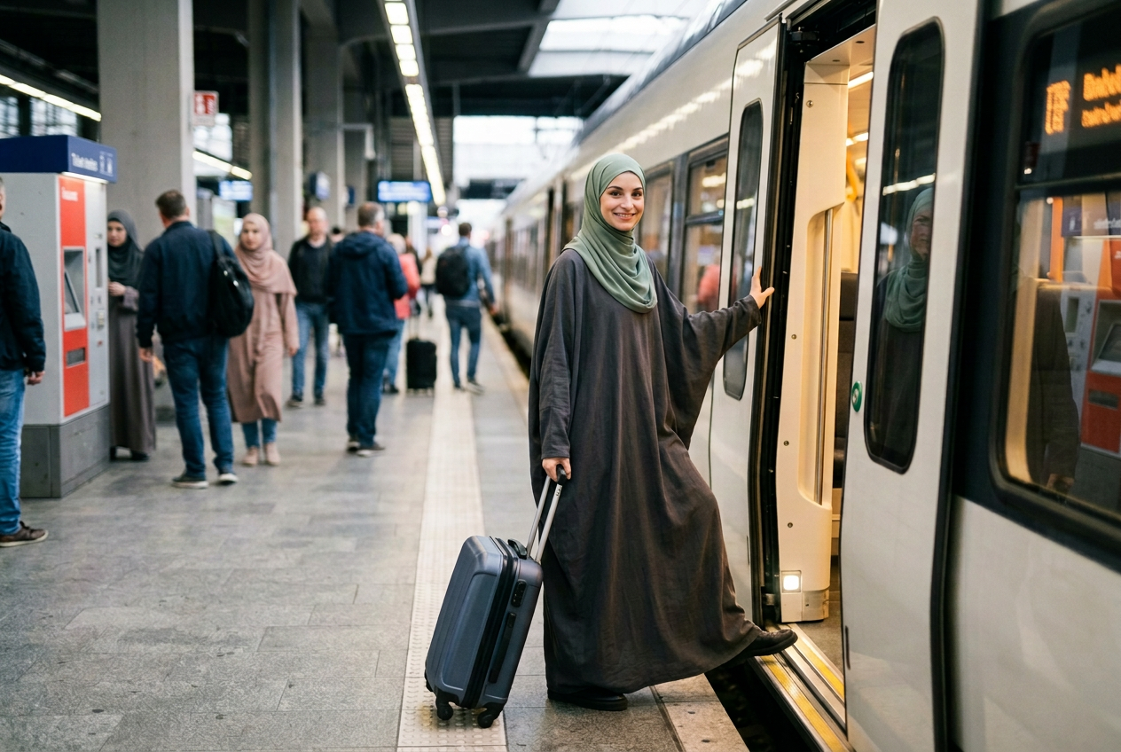 The learner in a sage hijab boarding a train with a suitcase
