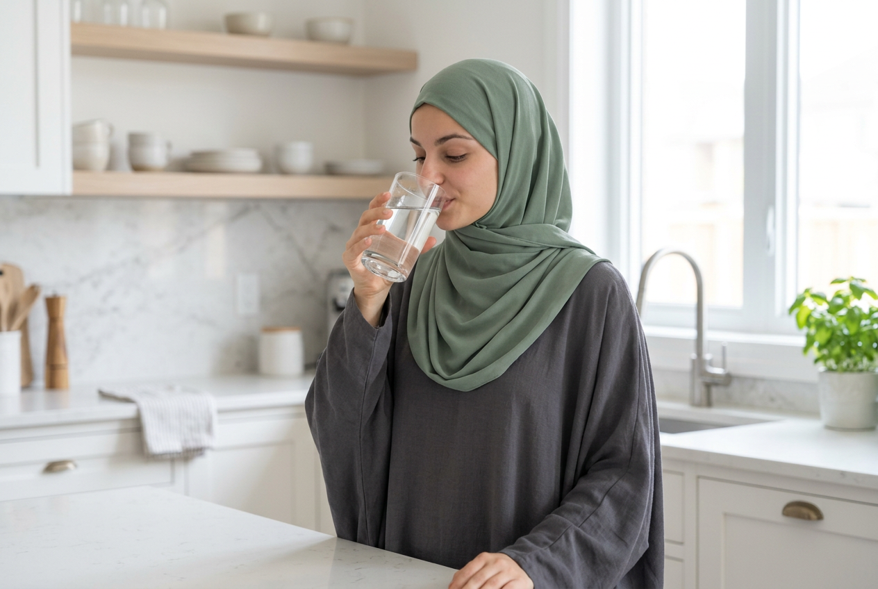 The learner in a sage hijab drinking a glass of water in a kitchen